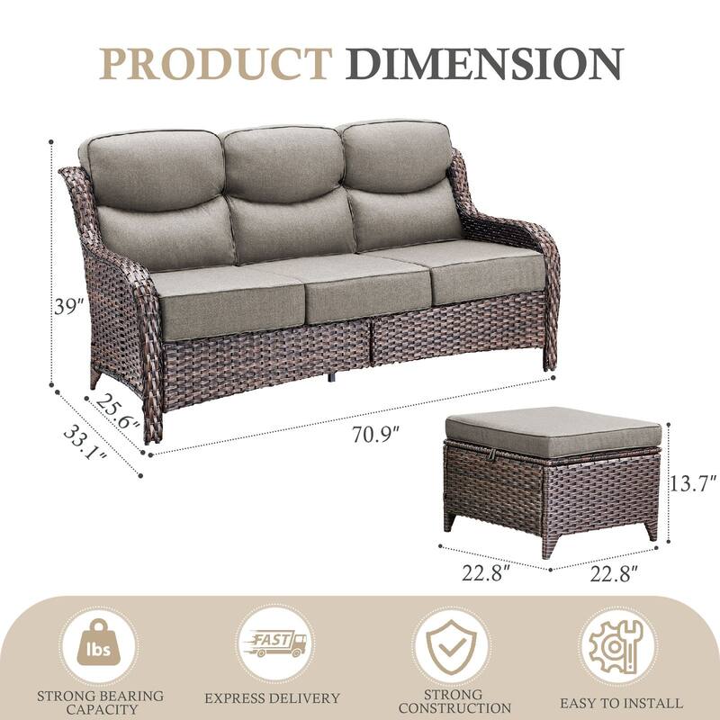 Arcadia 3-Seat Wicker Patio Sofa with 6-Inch Thick Cushions and 2 Ottomans
