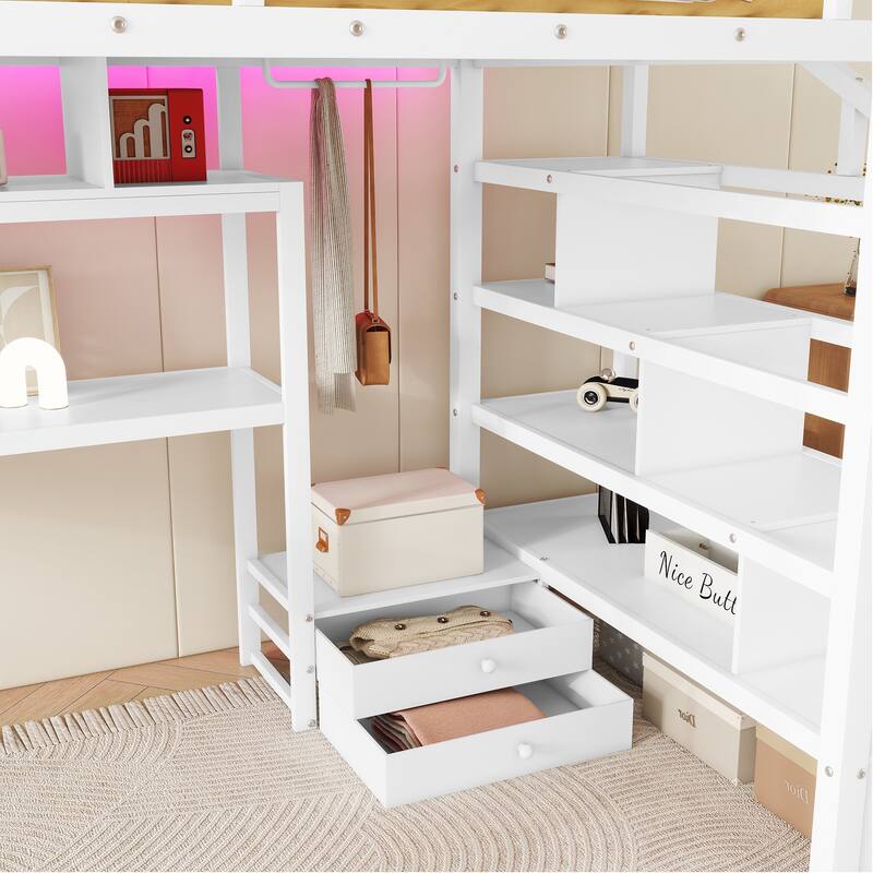 Full Size Metal Loft Bed with LED Lighting and Charging Station, Built-In Desk and Pegboard, Staircase Storage Wardrobe