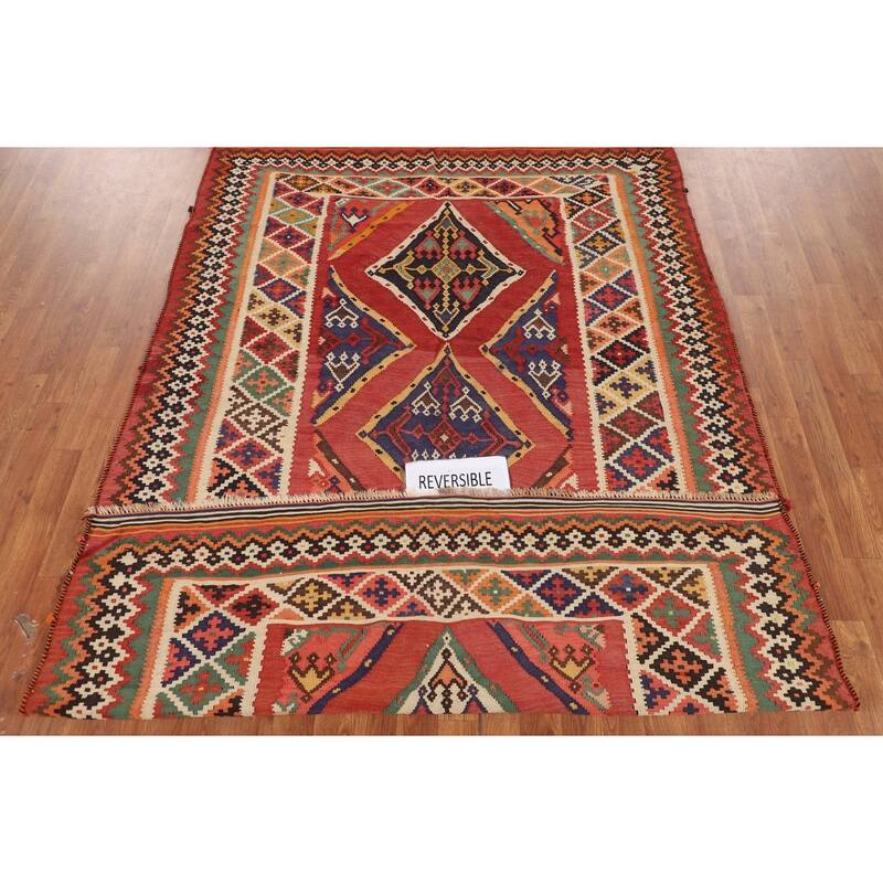 Orange Kilim Qashqai Persian Vintage Rug Flatweave Wool Carpet - 5'5"x 8'5"