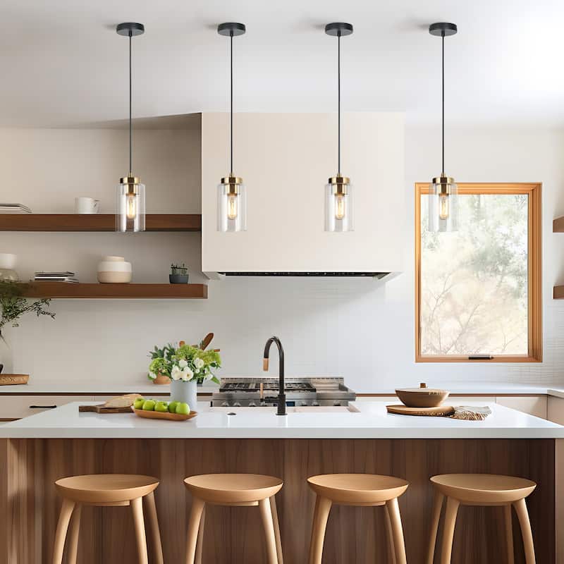 Modern Farmhouse 1-Light Black Gold Dimmable Kitchen Island Lights Cylinder Seeded Glass Pendant Lights for Dining Room