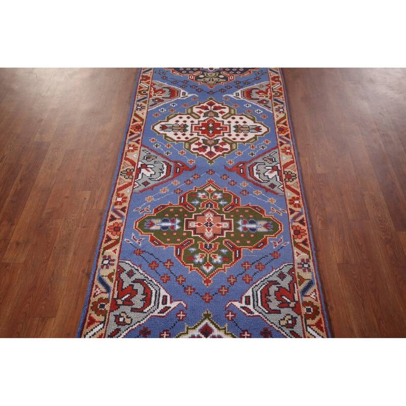 Geometric Blue Kazak Oriental Runner Rug Hand-Knotted Wool Carpet - 2'7"x 8'0"