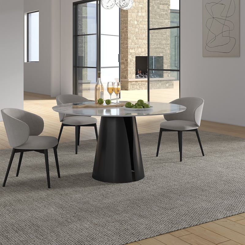 Modern Stone Table Top Carbon Steel Black Pedestal Base Dining Table
