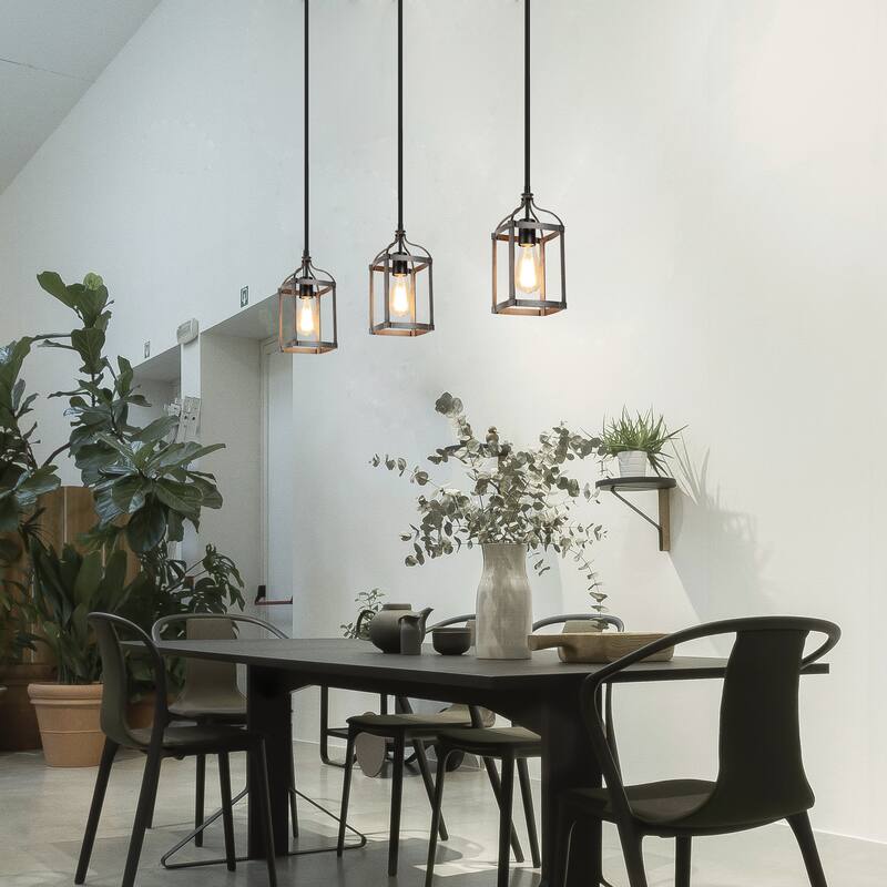Rustic Farmhouse Coastal Mini Pendant Black and Wood Accent Lantern Barn Lights For Kitchen Island - L5.5"xW 5.5"x H 12"