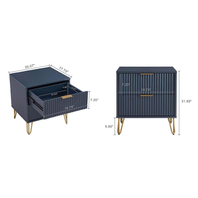 20-Inch Fluted Nightstand in Midnight Blue with 2 Drawers, Gold Handles, and Splayed Legs
