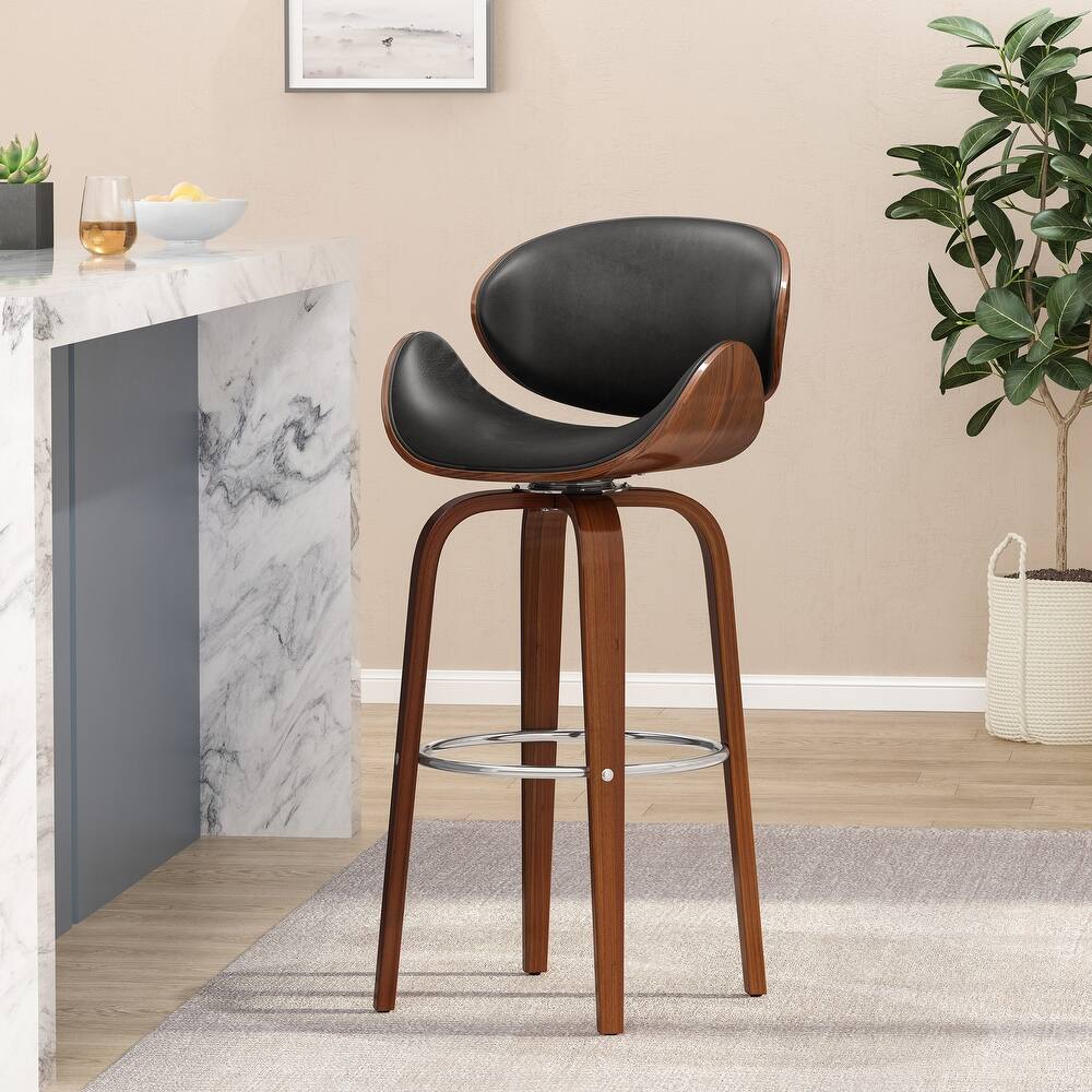 Wood Bar Stool with Swivel Function and Leather Seat, Ergonomic Dining Chair Counter Height Stool with Footrest