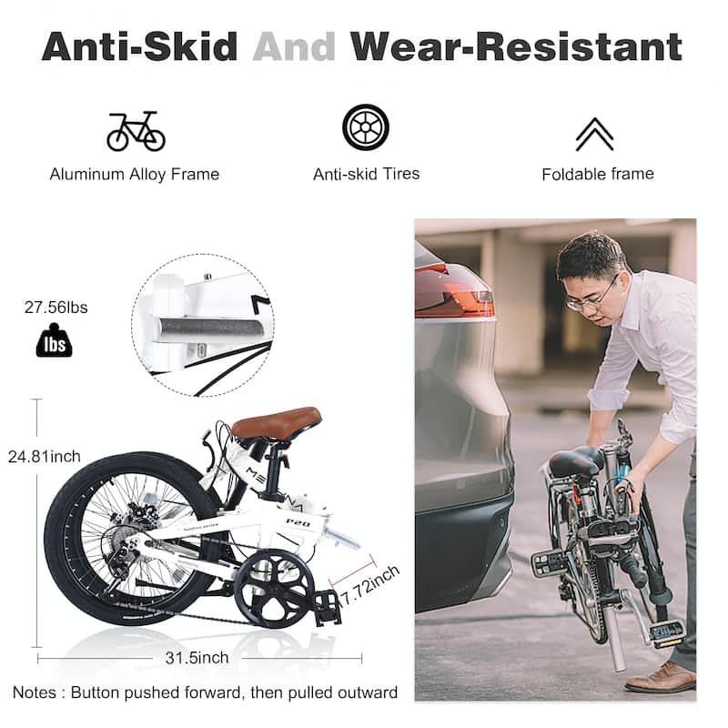 20" Lightweight Aluminum Frame, 7-Speed Folding City Bike,White