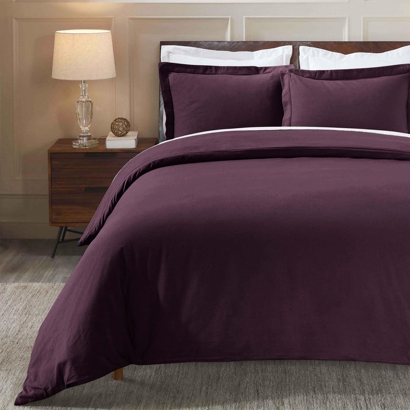 Superior Classic Solid Flannel Cotton Duvet Cover Set - Full - Queen - Purple