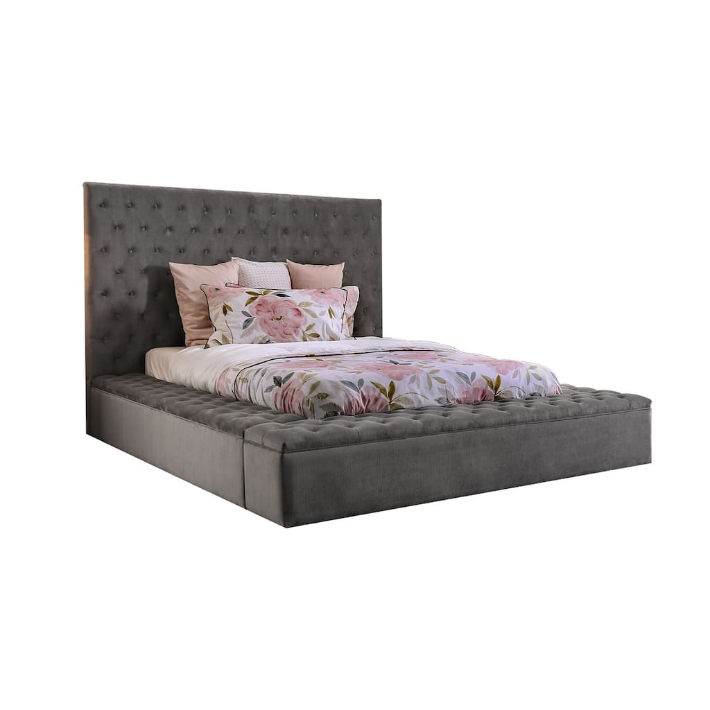 Upholstered Platform California King Bed with Button Tufted in Grey