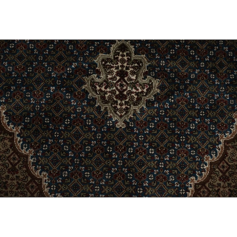 Hand Knotted Oriental 100% Wool Carpet Traditional Floral Navy Blue & Blues Tabriz Area Rug - 9' 4'' X 6' 0''