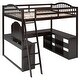 preview thumbnail 10 of 16, Espresso Full Size Wooden Loft Bed with Tri-fold Mirror, Solid Wood Bed with Desk and Shelves