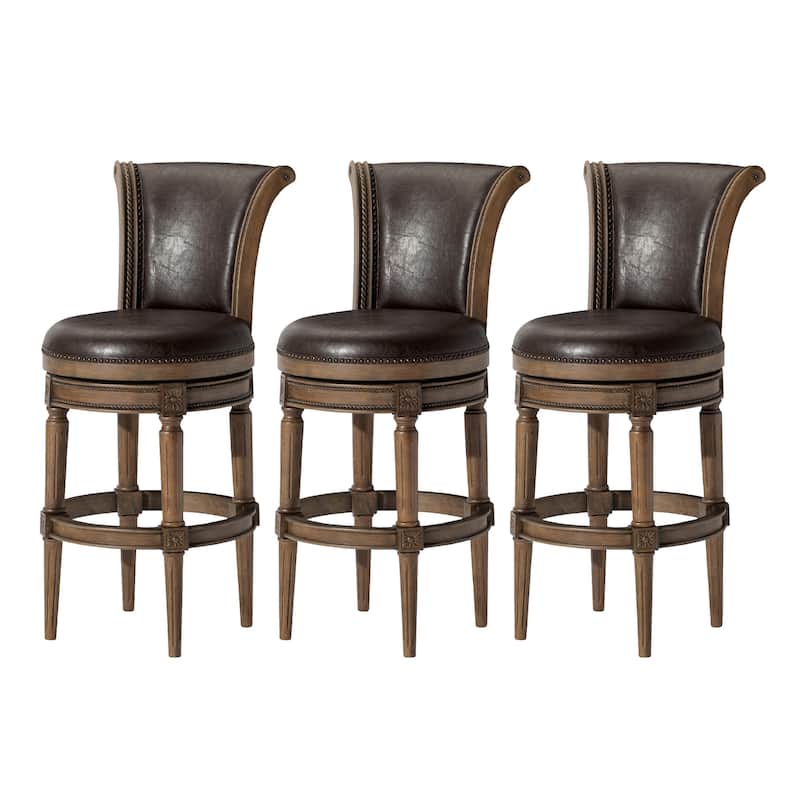 Maven Lane 31" Pullman Swivel Bar Height Kitchen Stool - Set of 3 - Walnut Vegan Leather
