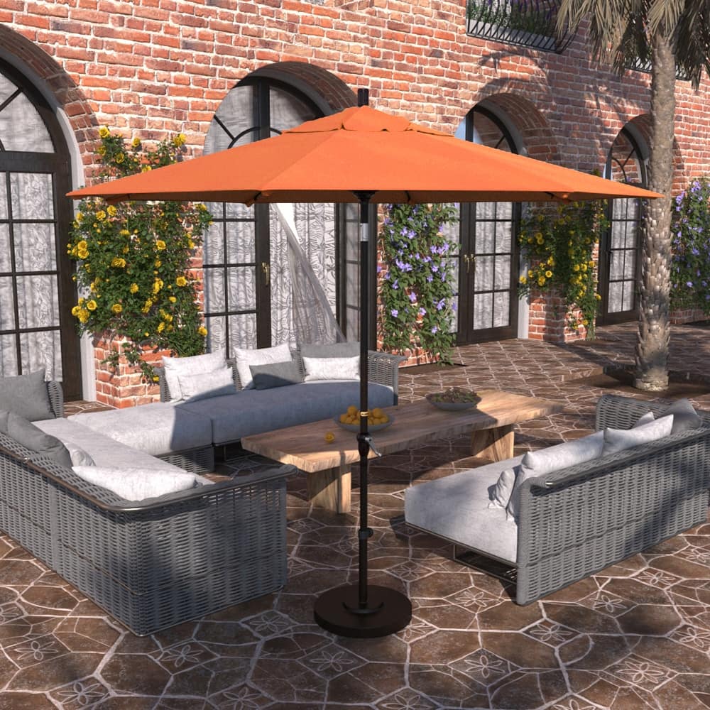 California Umbrella 9' Sunset Series Patio Umbrella Bronze Aluminum Frame and Ribs, Crank Lift Auto Tilt, Olefin Royal Blue