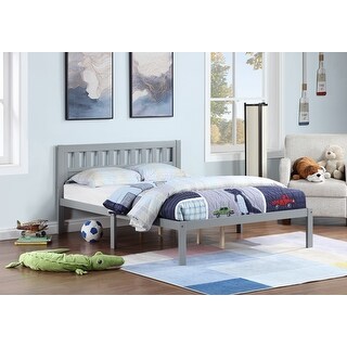 Full Size Bed, Wood Platform Bed Frame with Headboard For Kids, Slatted, Gray