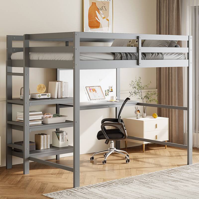 Twin Size Wooden Loft Bed with Built-In Desk, 3-Tier Shelves, Writing Board and Safety Guardrails, Space-Saving Design