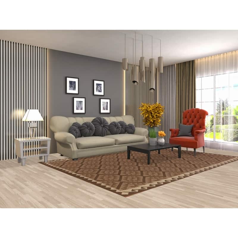 Hand Woven Oriental 100% Wool Carpet Southwestern Geometric Brown Kilim Area Rug - 9' 8'' X 6' 9''