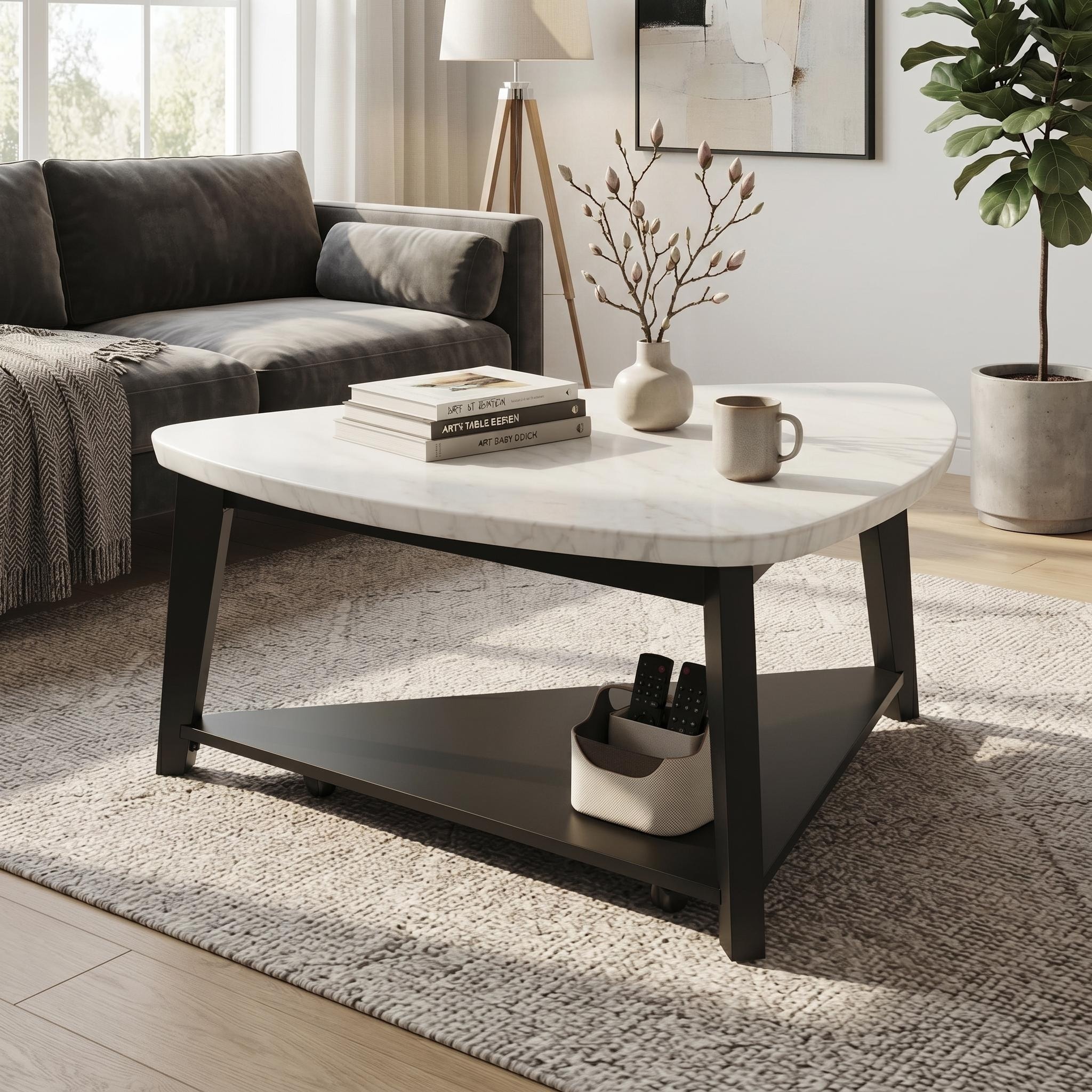 Furniture of America Fieny Modern White and Black Genuine Marble Top Triangle 1-Shelf Coffee Table with Casters