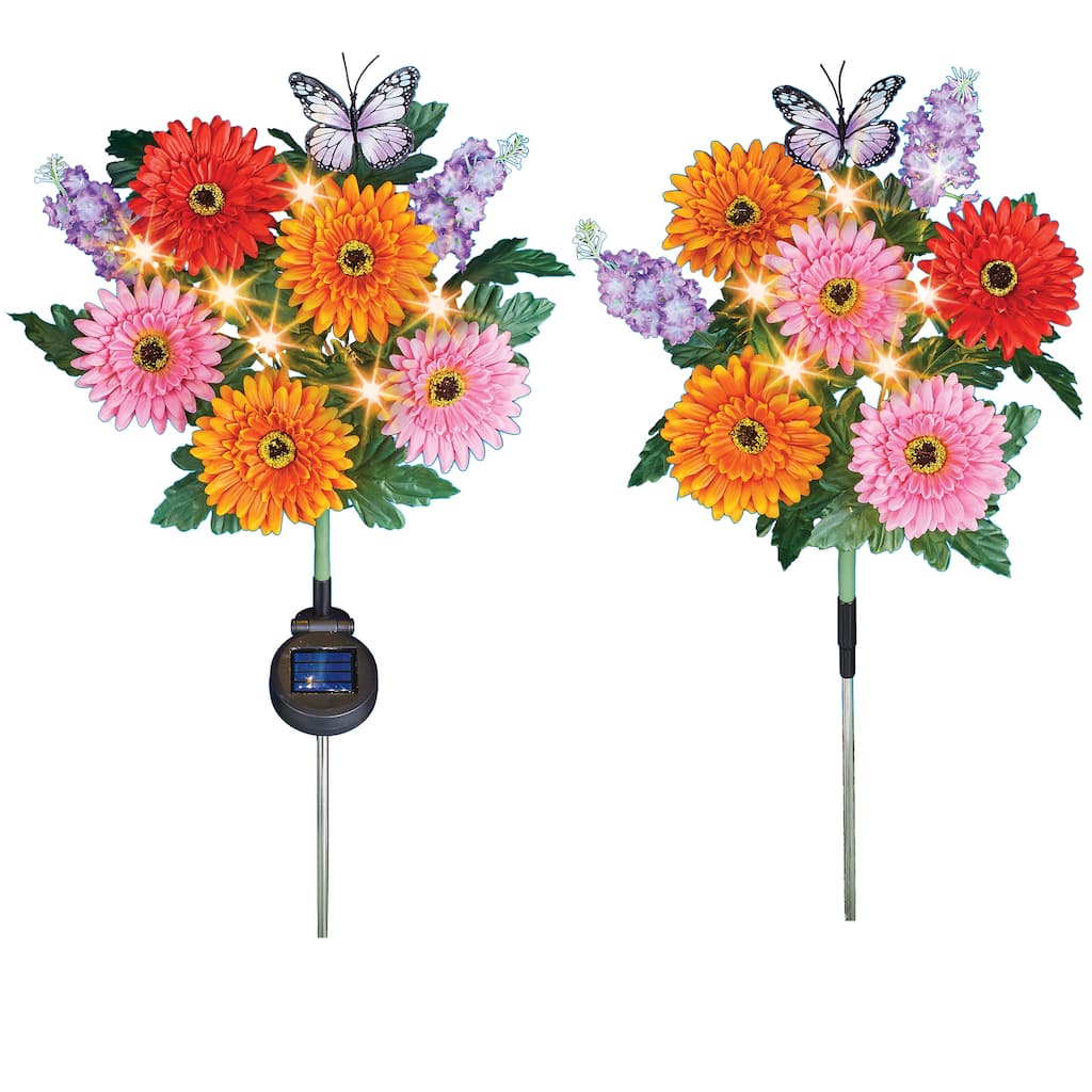 Solar Powered Gerber Daisies Outdoor Garden Stakes - Set of 2 - 28 x 29 x 8