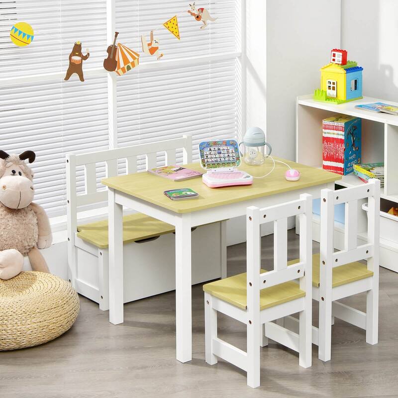Costway 4 PCS Kids Wooden Activity Table & Chairs Set w/Storage Bench - See Details