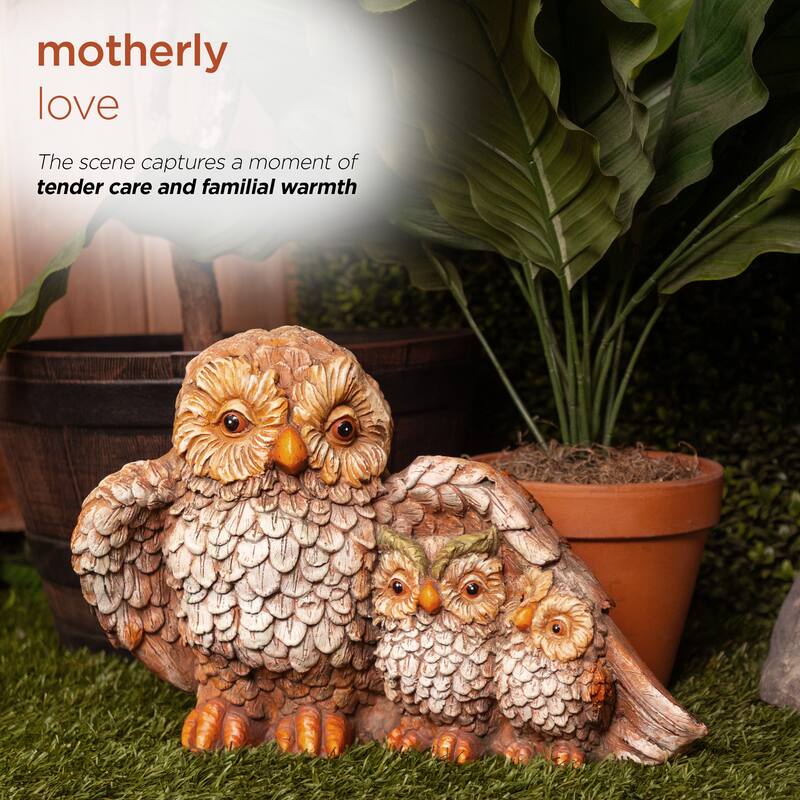 11" Owl Mom Wing Protecting Two Baby Owlettes Statuary