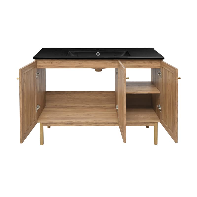 Classe 48 In. Brown Oak Bathroom Vanity With Black Ceramic Sink Top