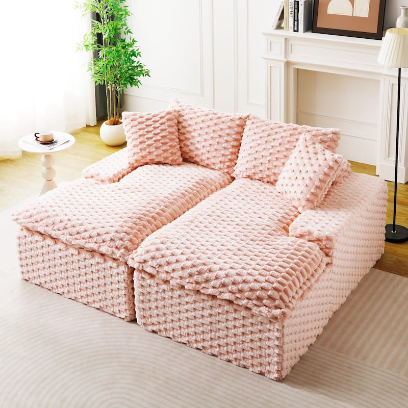 Lazy Reclining Sofa Turtle Velvet Modular Sleeper Sectional Sofa Bed with Double Chaise Lounge and Full Compressed Sponge - Pink
