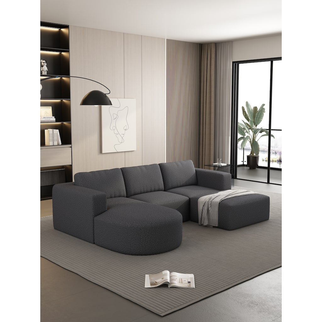 104.3" Yarn Fleece U-Shaped Sleeper Sectional Sofa with Ottoman