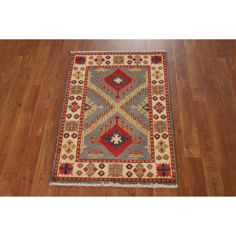 Gray Geometric Kazak Oriental Foyer Rug Handmade Wool Carpet - 2'0"x 3'0"