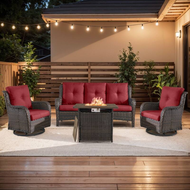 Pocassy 4 Pieces Fire Pit Table with 3-Seat Sofa Swivel Chairs - Brown Wicker Red Cushion - 4 Pieces Sofa Chairs with Fire Table