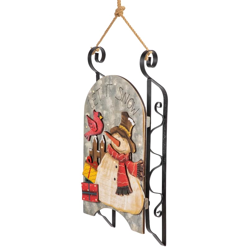 17" LED Lighted Wooden Sled with Snowman Cardinal Christmas Decoration