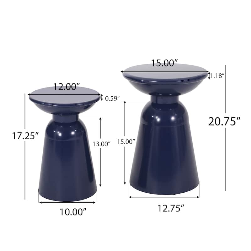 Suma Outdoor End Table Set of 2, Round, Pedestal Base, Navy Blue Iron