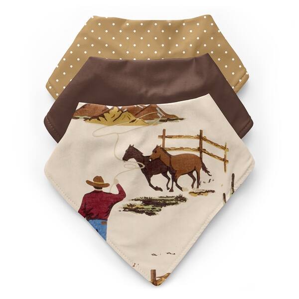 slide 2 of 6, Sweet Jojo Designs Western Cowboy Fabric Bandana Baby Bibs 3 Pack Set Red Blue Chocolate Brown White Wild West Southern Horse