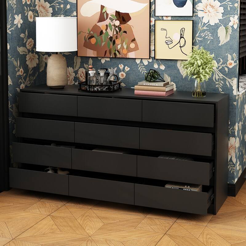 63" Chest of Drawers White Dresser No Handle, Modern 12 Drawer Dresser