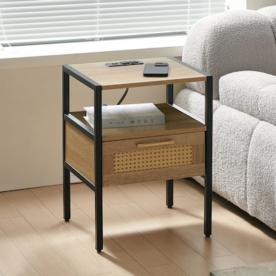 Rattan Nightstand With Power Outlet & Usb Ports With Drawer And Metal Legs