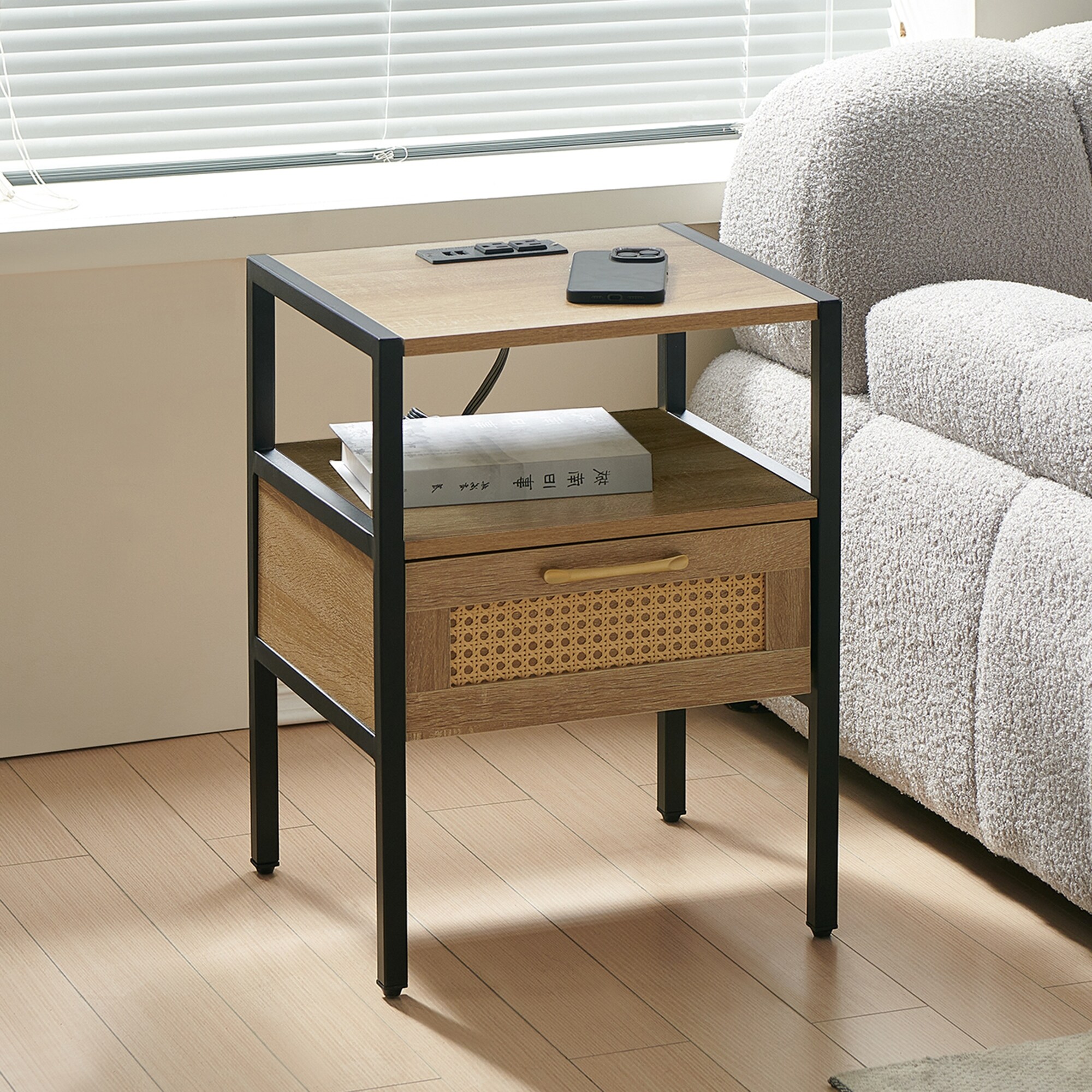 Set of 2 End Table Nightstands with Charging Station, Modern Sofa Side