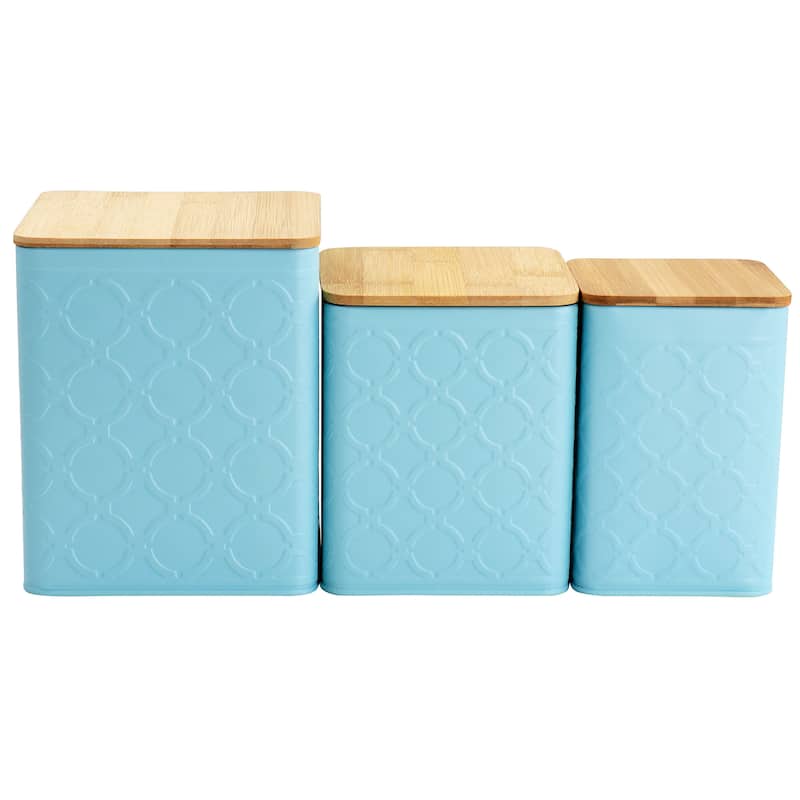 3 Piece Bamboo Lid Square Iron Canister Set in Matte Teal