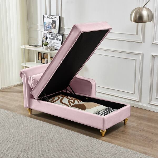 Velvet Chaise Lounges Hidden Storage Lounges Chair with Pillow, Pink