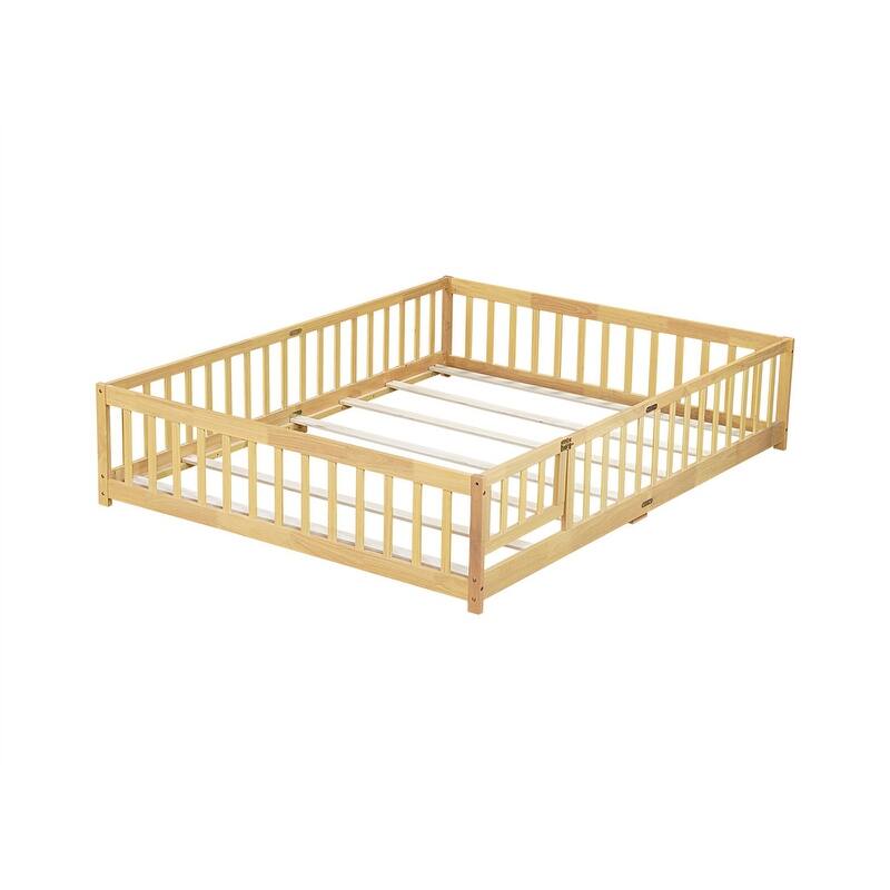 Twin/Full/Queen Size Floor Bed with Fence Guardrails and Door, Rubber Wood Toddler Bed Montessori Bed with Slats Support