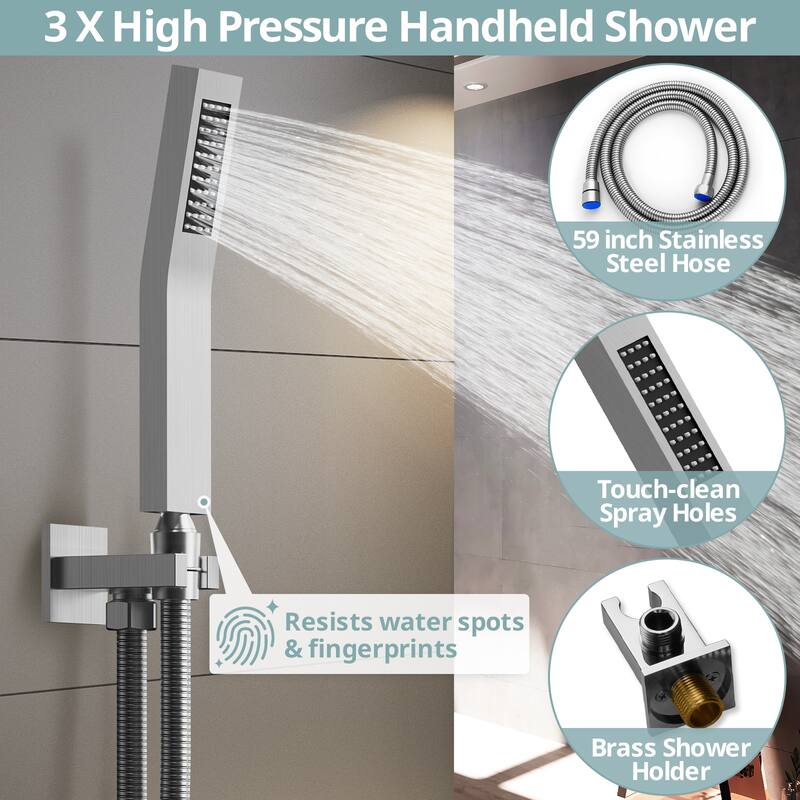 Dual Heads 12"Rainfall and High Pressure 6"Shower Faucet Dual Cascade System 3 Way Thermostatic Valve with 6 Body jets