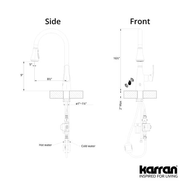 dimension image slide 1 of 2, Karran Kadoma Touchless One-Handle Triple Function Sprayer Kitchen Faucet