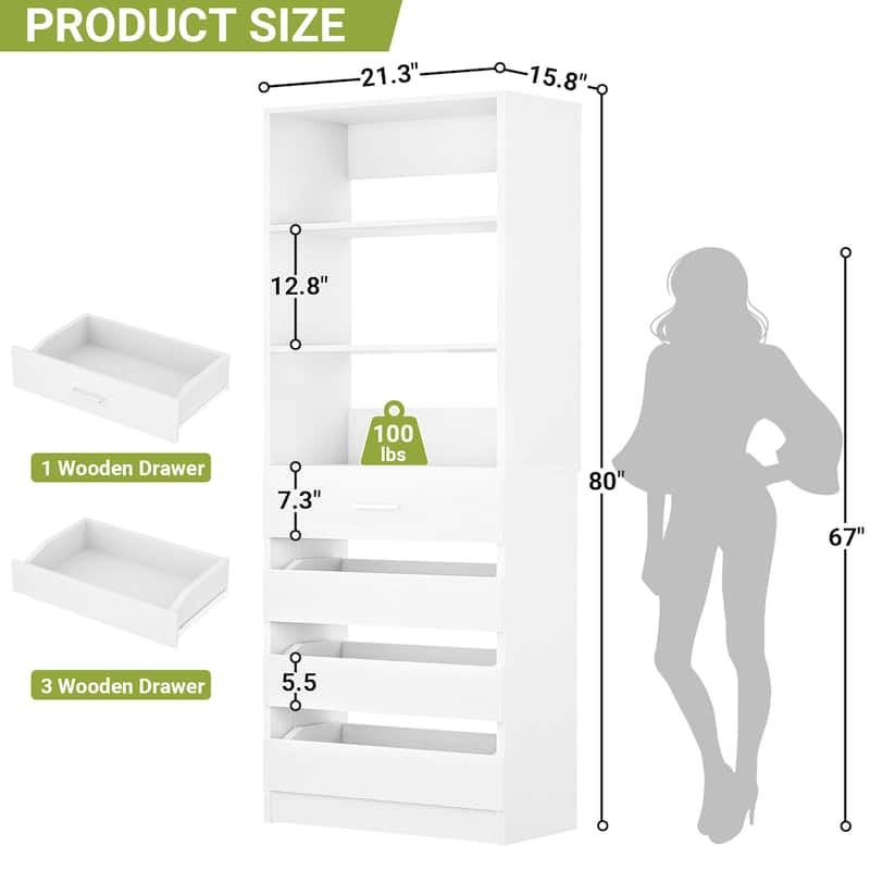21.3'' W Closet System with 4 Drawers, 1.78FT Walk in Closet Organizer Wardrobe with Open Shelves