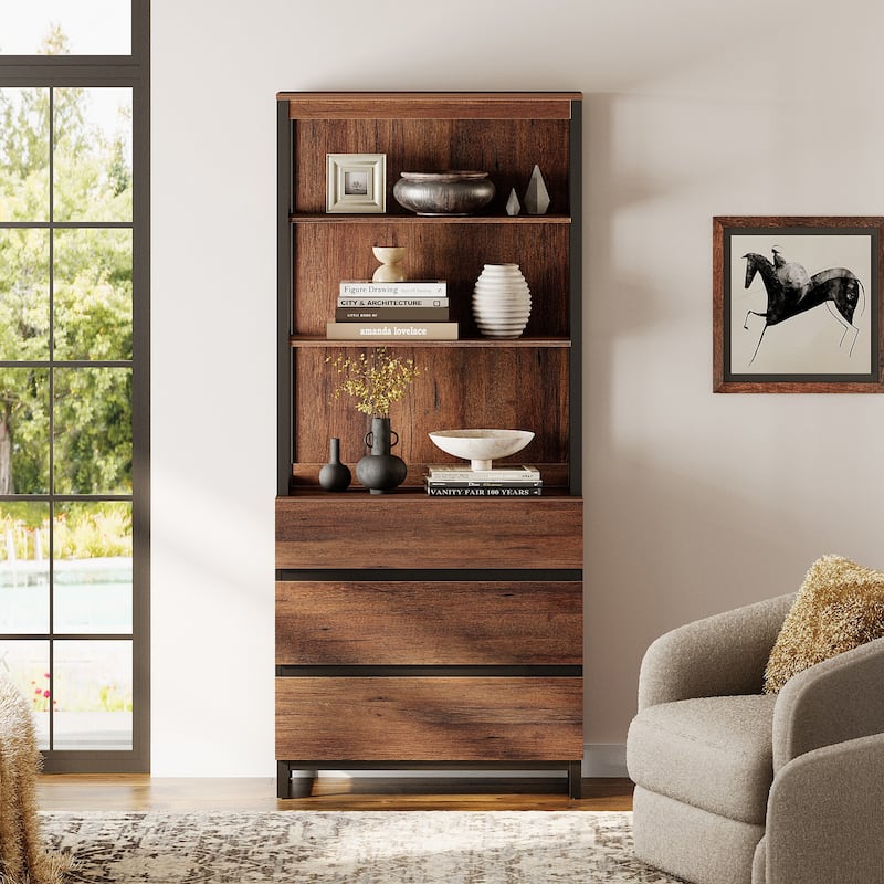 WAMPAT Modern 72" Tall Bookcase with Drawers and Open Book Shelfs, Library Book Shelf for Home Office, Living Room - Brown - 1 Piece