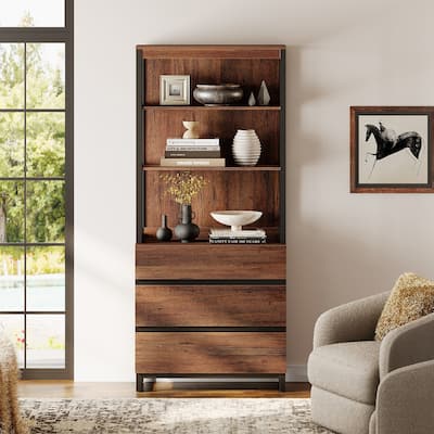 WAMPAT Modern 72" Tall Bookcase with Drawers and Open Book Shelfs, Library Book Shelf for Home Office, Living Room