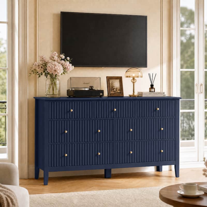 blue dresser with gold knobs Swedish Four Drawer Blue Dresser Bow Wreath Carvings & White Trim