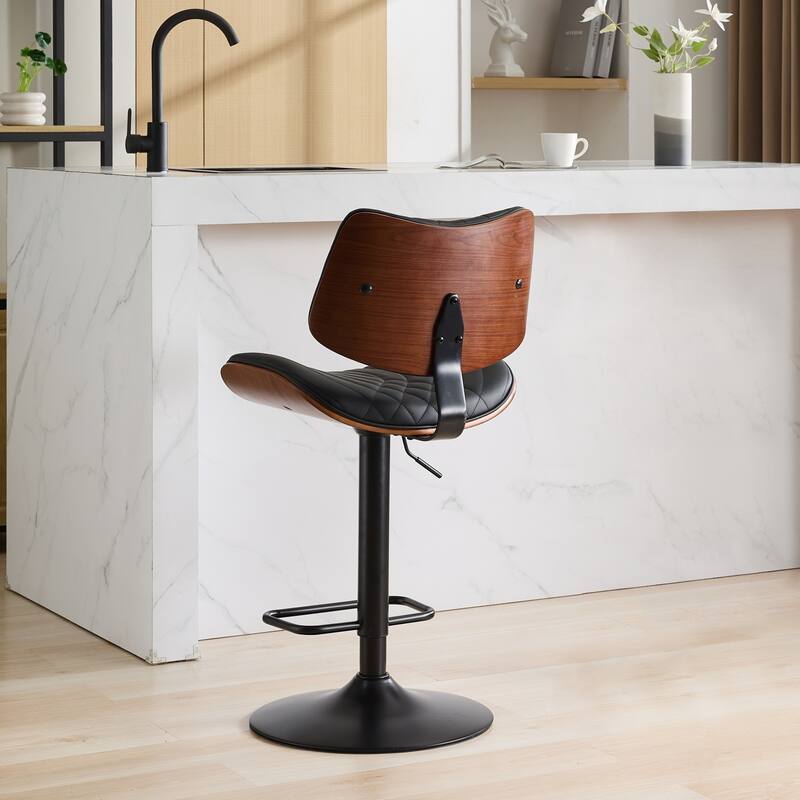 360° Swivel Bar Chair Walnut Bentwood Bar Stool with PU Leather Upholstered, Adjustable Height Accent Chair for Kitchen, Cafe