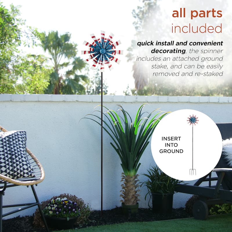 Alpine Corporation 75" Tall Outdoor Patriotic Metal Dual Kinetic Wind Spinner Stake Yard Decoration, Red, White, and Blue