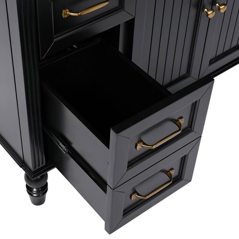Stylish 36" Bathroom Vanity with 2 Different Sizes Drawers, Black Wooden Storage Cabinet, White Ceramic Sink and Gold Handles