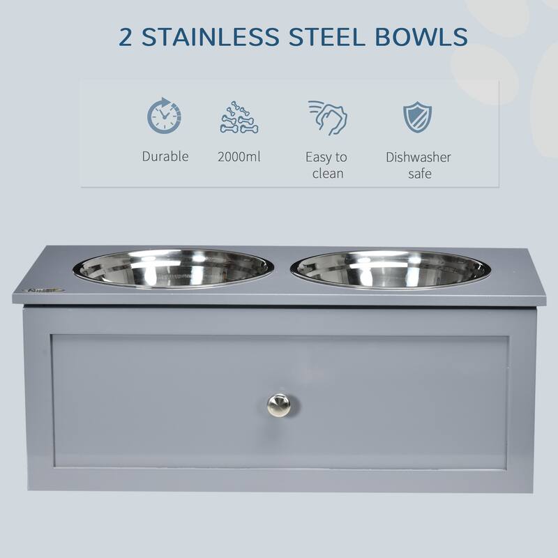 PawHut Elevated Dog Bowls, Raised Dog Bowl Stand with Storage, 2 Stainless Steel Bowls, Pet Feeding Station for Medium Dogs