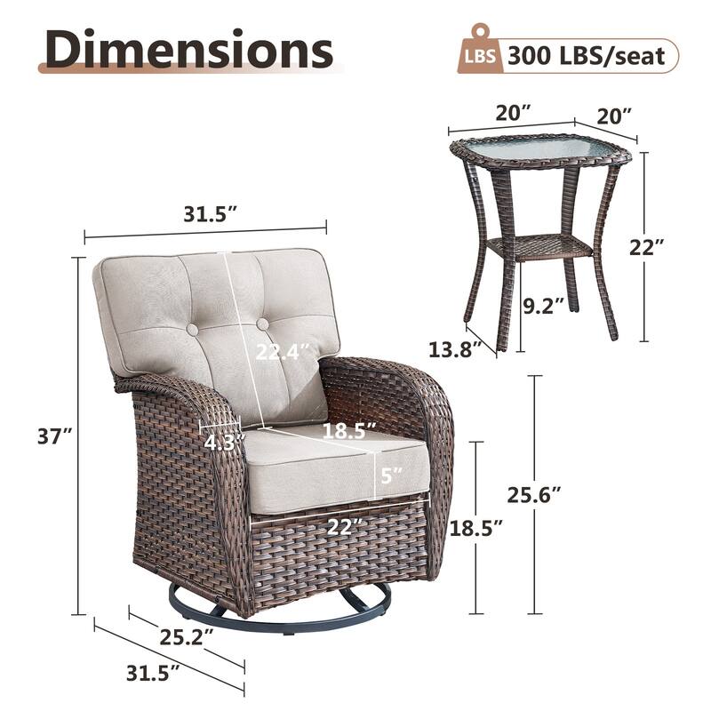 TWrap Brown Wicker Patio 3-Piece Swivel Gliders Conversation Set with 5-Inch Thick Cushions