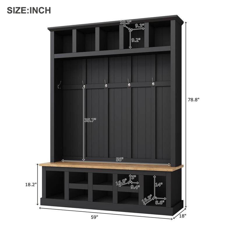 Multifunctional Hall Tree with Storage Bench, Coat Rack with 6 Hooks and Shoe Cubbies, Entryway Shoe Cabinet w/ 13 Compartments