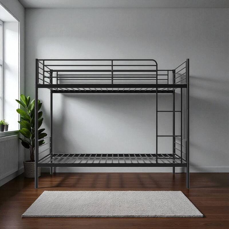 Twin Over Twin Metal Bunk Bed with Ladder, High Guardrails, Convertible to Two Beds, Noise-Free Frame & Storage Space